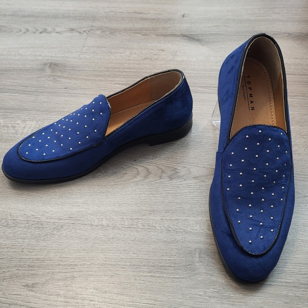 Topman Navy Blue Velvet Studded Askew Loafers Mens Size 10 Dressy Slip On Formal